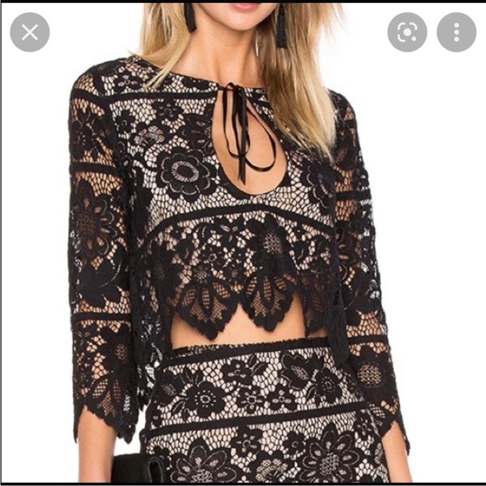 [XS] For Love & Lemons Gianna Crop Laced LS Blouse Top Black - Picture 3 of 11